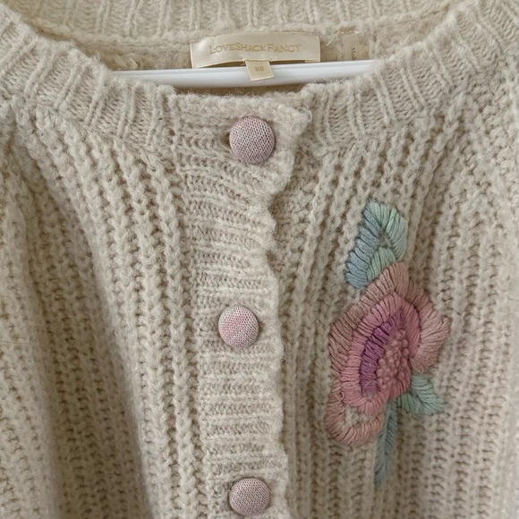 LoveShackFancy Cream Cardigan with Pink Floral Embroidery - Picture 2 of 5